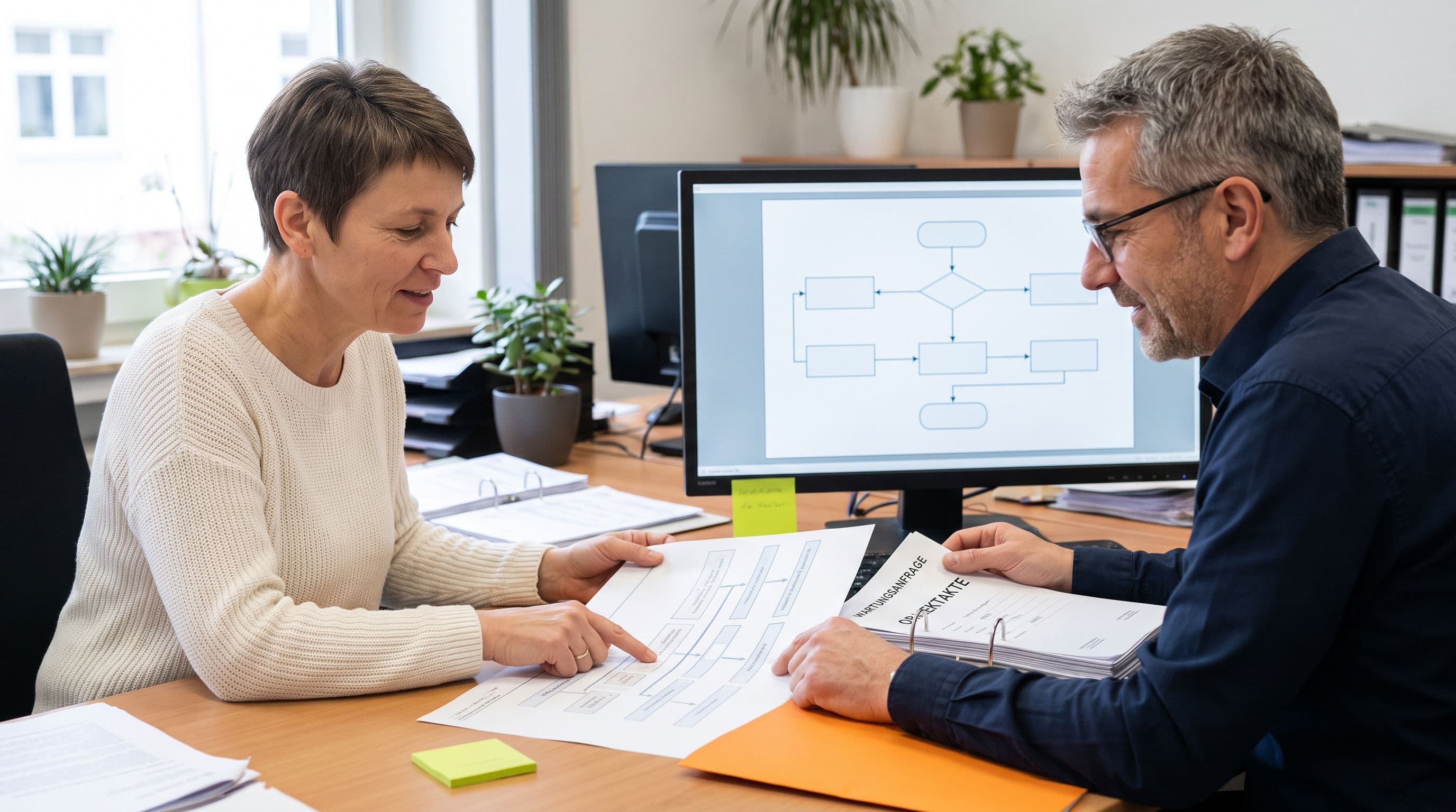 Zwei erfahrene Mitarbeitende besprechen einen wiederkehrenden Arbeitsablauf